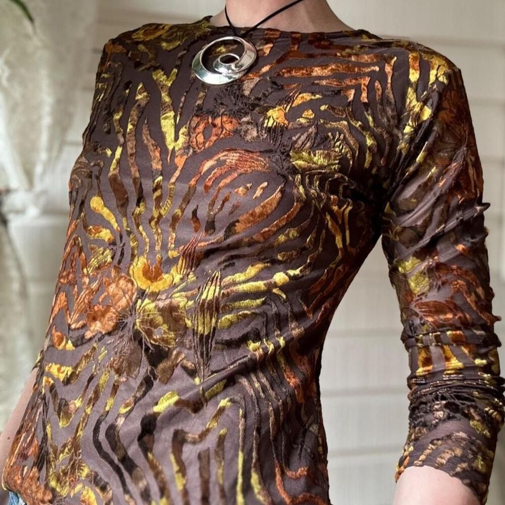 VTG Y2K Jonden Velvet Burnout Mesh Top Sheer Gold Brown Zebra Stripe Blouse s/m